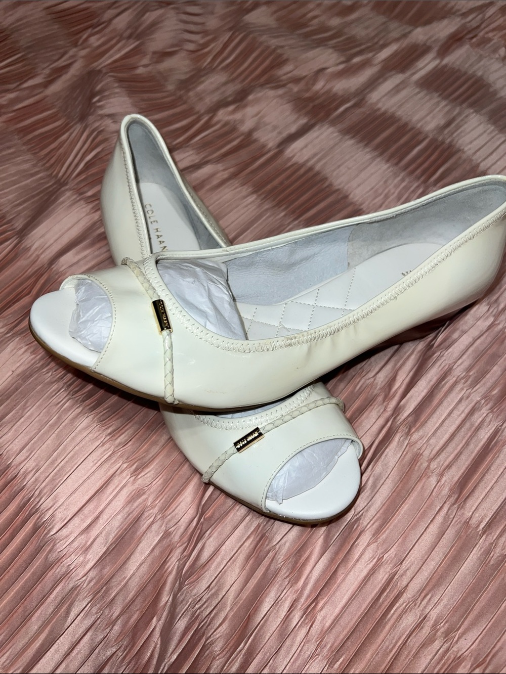 Cole Haan White Peep-Toe Braid-Trim Ballet Flats